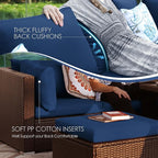 NICESOUL Large Size 9 Pcs Outdoor Patio Sectional Sofa Set with Firepit Natural Gas/Propane, 29.3'' High Back Conversation Sectional Couch Sets Deep Wide Sitting, Brown Rattan and Navy Blue Cushion