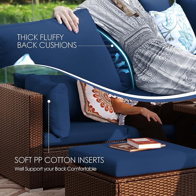 NICESOUL 10 Piece Outdoor Couch Set with Fire Pit Natural Gas/Propane, 29.3'' High Backrest Comfy Sectional Patio Furniture, Large Wide Seating Sofa for Outside, Brown Rattan and Navy Blue Cushion