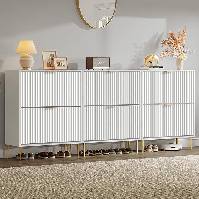 SICOTAS Fluted Shoe Cabinet Storage for Entryway with 6 Flip Drawers-11.8"Deep Freestanding Shoe Organizer Cabinet with 6-tier Shelves, Large 60 Pairs Shoes Rack Cabinet for Foyer Hallway, White, 3PCS