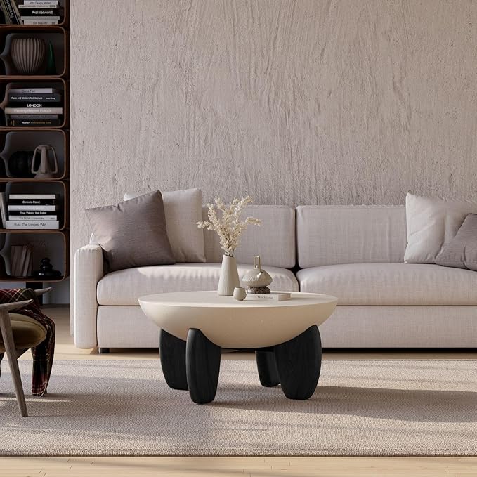 homary Round Concrete Coffee Table with Premium Walnut Ash Wood Legs, Modern Minimalist Cement Finish Center Table for Living Room (Black, 29.9" W x 29.9" D x 14.4" H)