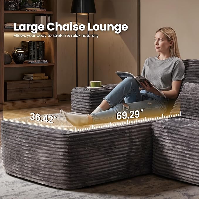 Cloud Sectional Couch with Chaise, Boneless U-Shaped Cloud Couch with Deep Seat, Soft Plush Modern Minimalist Sofa, Assembly Free Modular Floor Sofa for Office Living Room Apartment, Grey