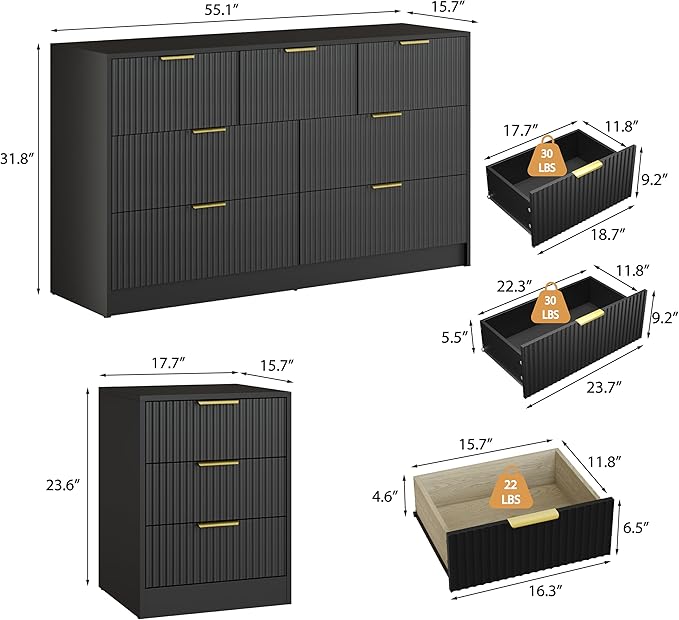 3-Piece Modern Bedroom Furniture Set, Wide 7-Drawer Dresser & 3-Drawer Nightstands Set of 2, Natural Wood Dresser and Nightstand Sets for Bedroom, Hallway, Black