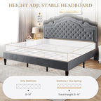 SHA CERLIN King Size Platfrom Bed Frame with Adjustable Headboard/Velvet Upholstered Diamond Button Tufted and Metal Studs/No Box Spring Needed/Easy Assembly/Woodenen Slat Support/Light Grey