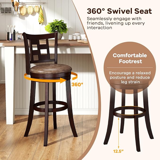 COSTWAY Set of 4 Bar Stools, 30” Swivel Bar Chairs with Footrest, Rubber Wood Frame & Lattice Backrest, Leathaire Bar Height Stools for Kitchen Island (4, 30”)