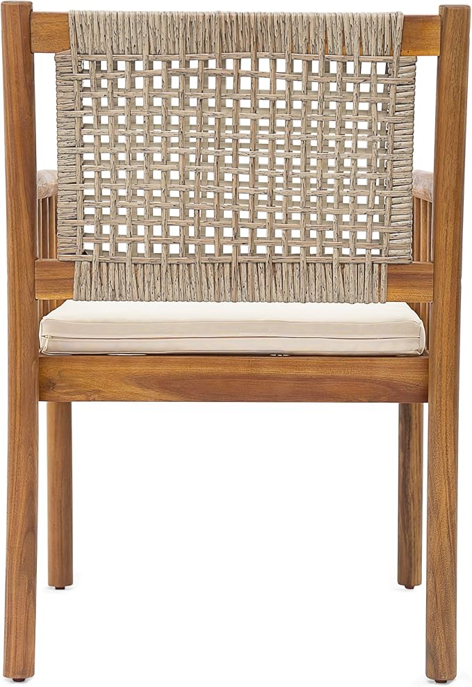 Christopher Knight Home Vera Outdoor Dining Chairs Set of 2, Acacia Wood Dining Chairs, Rattan Woven Back Armchair, Armchair with Cushion Seat, Patio Chair for Poolside Garden Balcony, Teak+Cream