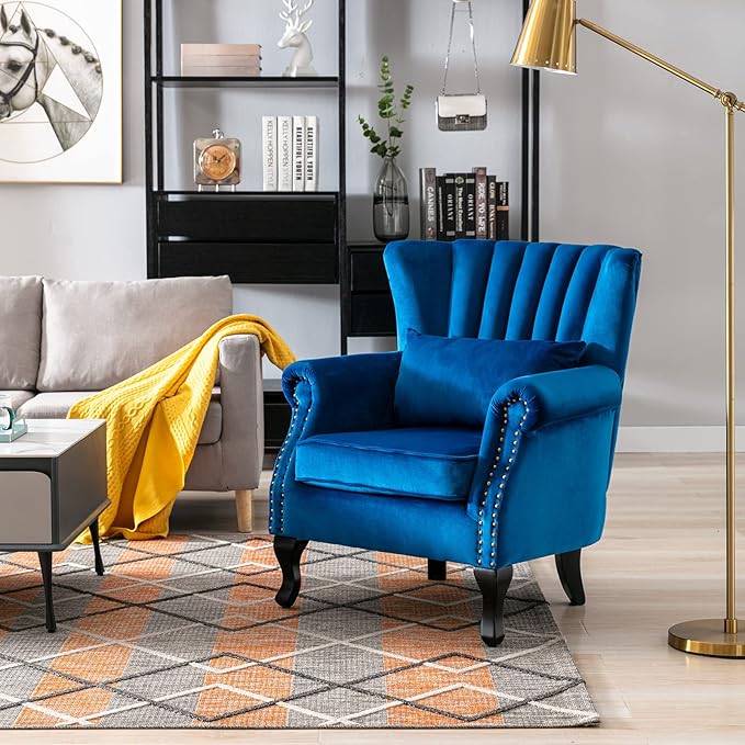 Accent Reading Arm Chairs Midcentury Modern Comfy Corner Sofa Chair, Wingback Waiting Room Club Chair with Tufted Back for Living Room/Bedroom/Reception Room, Velvet Blue