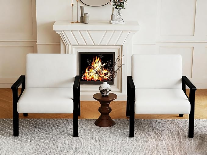 HNY Mid Century Armchair with Black Wood Frames, Linen Upholstered Living Room Arm Chair, for Living Room, Bedroom, Ivory