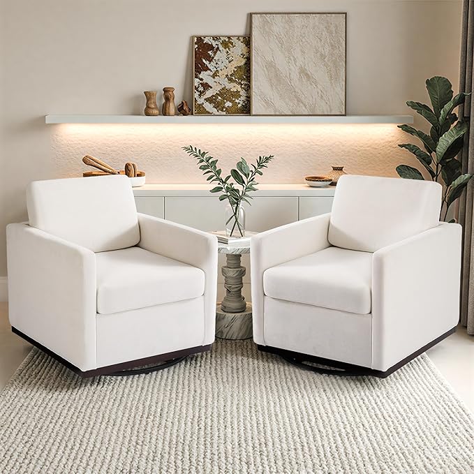 Pia Ricco Single Swivel Barrel Chair, Mid-Century Modern Accent Armchair with Plush Chenille Upholstery for Living Room & Cozy Reading Nook, Beige
