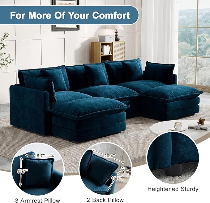 Modular Sectional Sofa, 111.5 Inch U-Shaped Cloud Sofa with Deep Seat Chenille Sofa with Cushions, Three-Self Sectional Sofa for Living Room Apartment,Blue