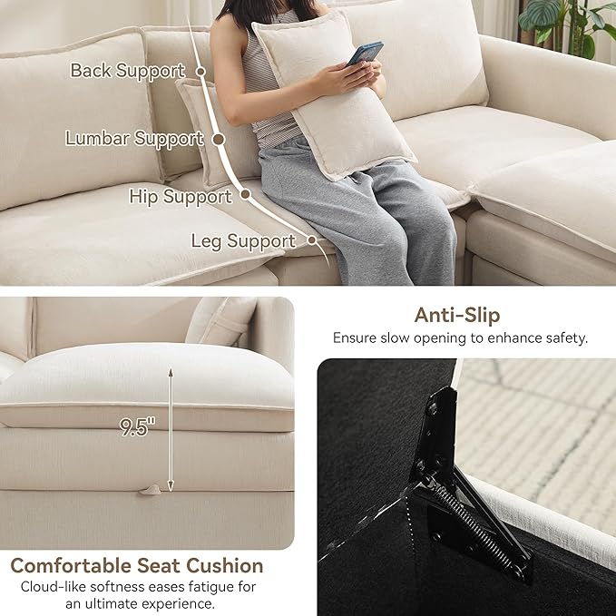 105" Cloud Modular 4 Seater Sofa with 2 Storage Ottoman, Modern Upholstered Sofa Storage Sofa Couch Deep Seat, U Shape Sectional Sofa Chenille Comfy Couch with Armrests for Living Room, Beige