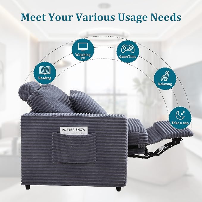 Power Reclining Sectional Sofa, Electric Loveseat Recliner with 2 Electric Footrest and Adjustable Headrest, Modern Plush Corduroy Fluffy Reclining Sectional with Deep Seat for Living Room-Blue Grey