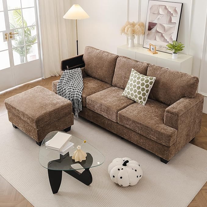 85'' L Shaped Couch with Armrest Organizer,3 Seats Sofas with Movable Ottoman,Comfy Sectional Sofa with Thick Cushion,Chenille Sectional Couches for Living Room,Bedroom,Apartment,Home Furniture,Brown