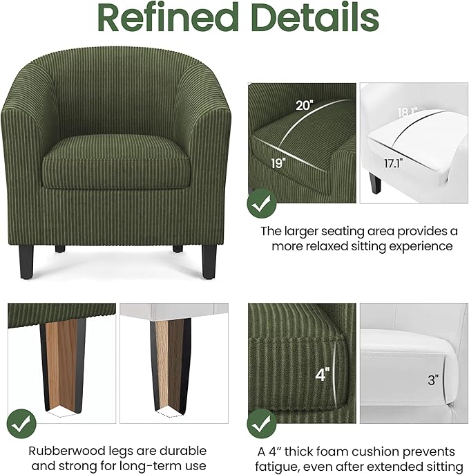 Yaheetech Corduroy Barrel Chairs Set of 2, Upholstered Club Chairs, Round Armchairs Waiting Room Chairs with Soft Cushion for Living Room Bedroom Reading Room, Dark Green