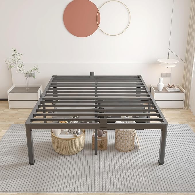 ROIL 14 inch California King Size Bed Frame Metal Platform No Box Spring Needed with Headboard Hole Round Corner Legs Mattress Retainers 3500LBS Heavy Duty Steel Slats Noise-Free Storage