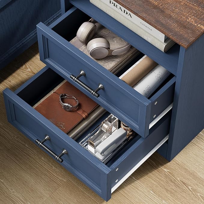 Blue Nightstand with Charging Station, Farmhouse End Table with 2 Drawers, Bedside Table with Space-Saving Storage Cabinet, Unique Base Design for Bedroom, Living Room