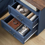 Blue Nightstand with Charging Station, Farmhouse End Table with 2 Drawers, Bedside Table with Space-Saving Storage Cabinet, Unique Base Design for Bedroom, Living Room