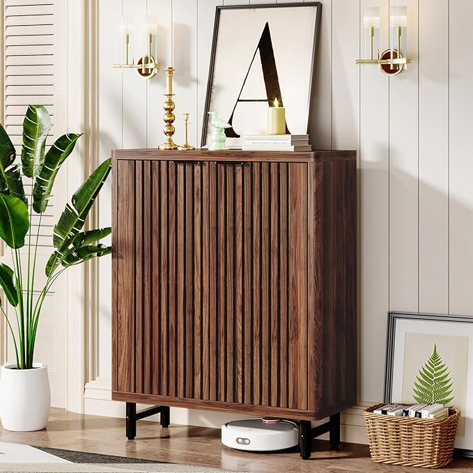 Tribesigns 6-Tier Shoe Cabinet with Shutter Doors, Large Wooden Shoe Organizer Rack with Adjustable Shelves, Modern Farmhouse Hidden Storage Furniture for Entryway, Hallway (Walnut)