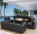 NICESOUL 9 Piece Modern Oversized Outdoor Patio Furniture Set with Firepit Table Propane/Natural Gas, 29.3'' High Back Deep Wide Conversation, Luxury 8 Seats Modular Sectional for Backyard, Gray