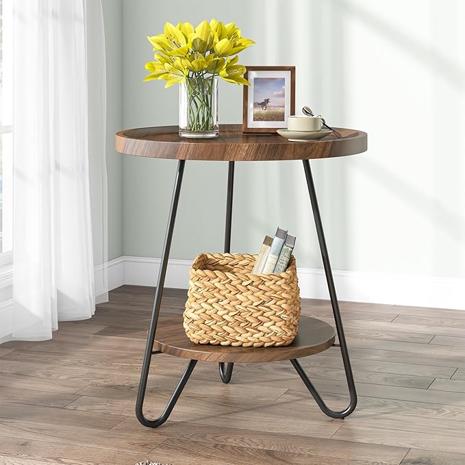 Tribesigns Round Side Table, 2-Tier End Table with Metal Legs, Modern Industrial Beside Table, Small Accent Table Snack Table for Living Room, Bedroom, Small Space, Easy Assembly, Brown