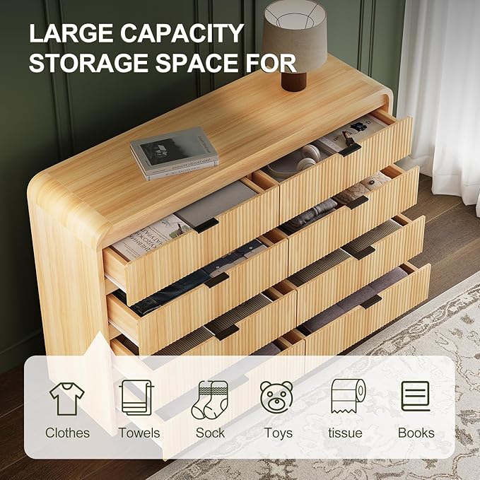 FURSUN Fluted 8 Drawers Dresser for Bedroom, 55" Wide Wooden Dresser with Metal Handle, Curved Profile Design, Modern Storage Organizer for Bedroom, Hallway, Natural Oak