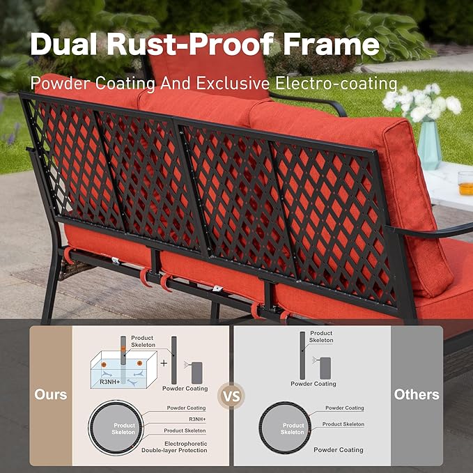 5 Piece Metal Outdoor Patio Furniture Set, Patio Conversation Setsv with 3-Seater Sofa, Loveseat, 2 Fixed Sofa (5.75" Thick Cushion) & Coffee Table Black Backyard Furniture, Rust Red