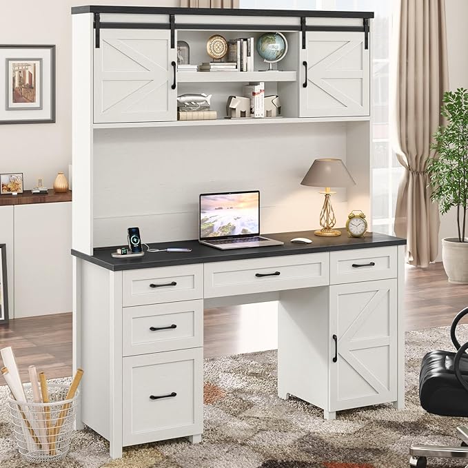 Farmhouse 67" H Executive Desk with Hutch,Office Desks with 5 Drawers, Computer Desk with Storage Cabinet & File Drawers and Charging Station, Wood Workstation for Home Office and Study.(Black).