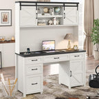 Farmhouse 67" H Executive Desk with Hutch,Office Desks with 5 Drawers, Computer Desk with Storage Cabinet & File Drawers and Charging Station, Wood Workstation for Home Office and Study.(Black).