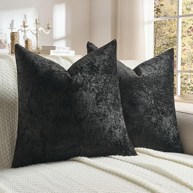 FUTEI Black Flannel Throw Pillow Covers 24x24 Inch Set of 2,Soft Dimensional Textured European Cushion Cases,Modern Home Decor for Couch Living Room