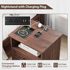 Walnut Nightstand with Charging Station, Farmhouse End Table with 2 Drawers and Open Shelf, Bedside Table with Space-Saving Storage Cabinet, Unique Base Design for Bedroom, Living Room