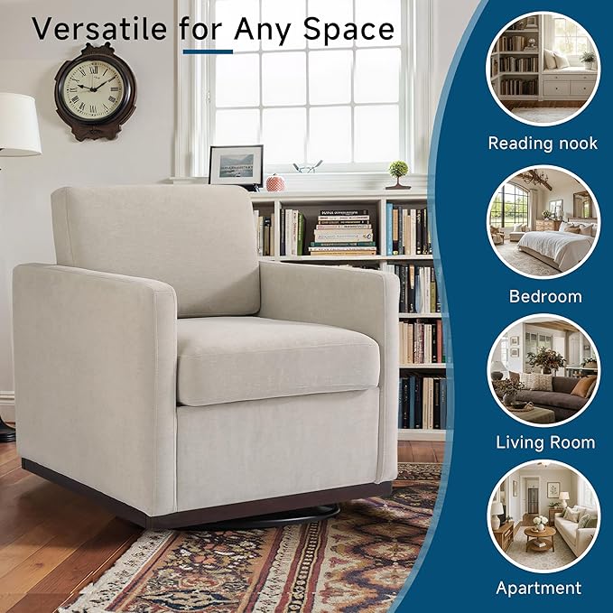Pia Ricco Single Swivel Barrel Chair, Mid-Century Modern Accent Armchair with Plush Chenille Upholstery for Living Room & Cozy Reading Nook, Sand