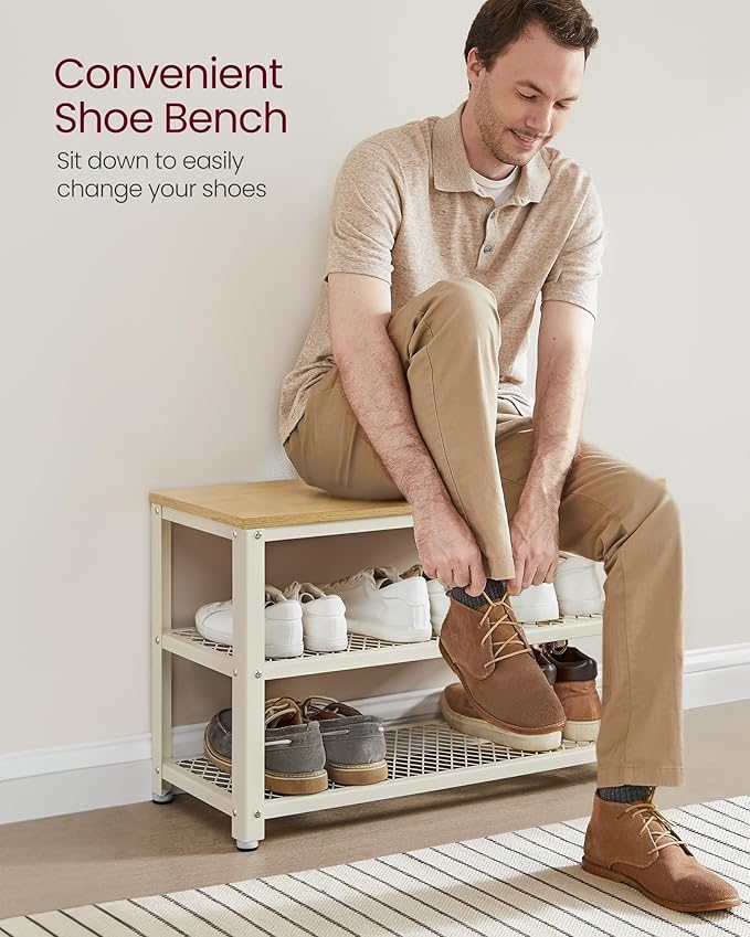 VASAGLE, 3-Tier Shoe Rack, Shelf Storage Bench with Metal Mesh Shelves and Seat, Free Standing Shoe Organizer for Entryway, 11.8 x 28.7 x 17.7 Inches, Oak Beige and Classic White ULBS073W09