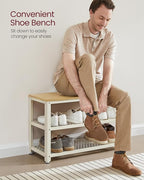 VASAGLE, 3-Tier Shoe Rack, Shelf Storage Bench with Metal Mesh Shelves and Seat, Free Standing Shoe Organizer for Entryway, 11.8 x 28.7 x 17.7 Inches, Oak Beige and Classic White ULBS073W09