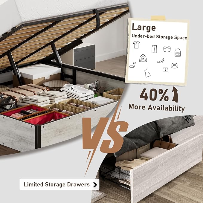 Lift Up Storage Bed Frame, King Size Wooden Platform Bed with Large Storage Underneath, No Box Spring Needed, Noise Free, Distressed White