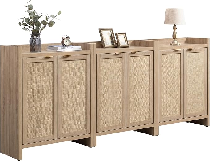 SICOTAS Shoe Cabinet Set of 3, Large Capacity Shoe Storage Organizer Cabinet, Tall Rattan Shoe Cabinet with Doors and Shelves, 6-Tier Farmhouse Boho Wooden Storage Cabinet for Entryway, Light Oak