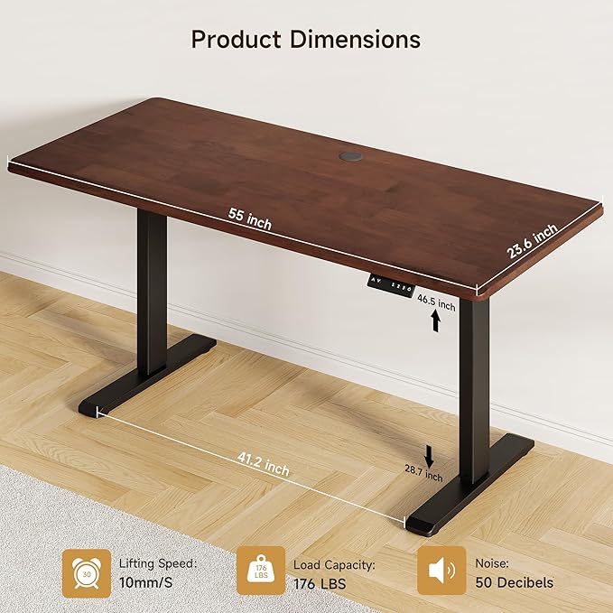 ONBRILL Standing Desk, 55x23.6 Inches Whole-Piece Board Rectangle Stand Up Desk with Solid Wood Desktop and Memory Controller, Adjustable Height from 28-46 Inches for Home & Office, Black Walnut