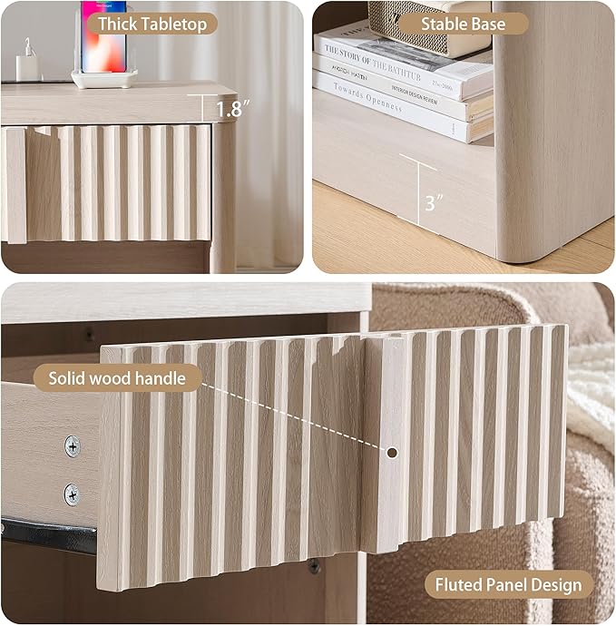 Fluted Nightstand Set of 2 with Charging Station, 23.6" End Table with Open Shelf and Drawers Storage, Bedside Table with Solid Wood Handle, Curved Profile Design, Night Stand for Bedroom