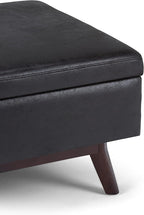 SIMPLIHOME Owen 34 inch Wide Mid Century Modern Rectangle Coffee Table Storage Ottoman in Distressed Black Vegan Faux Leather, Assembled, for the Living Room, Entryway and Family Room