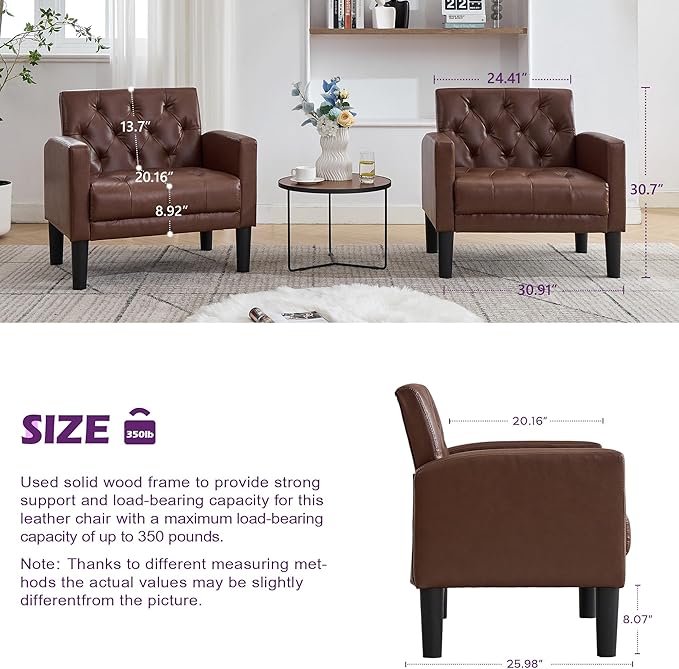 TYBOATLE Accent Chair Comfy Living Room Chair Leather Tufted Mid Century Modern Accent Chair, Small Cozy Reading Arm Chair for Office, Bedroom (1, Brown)