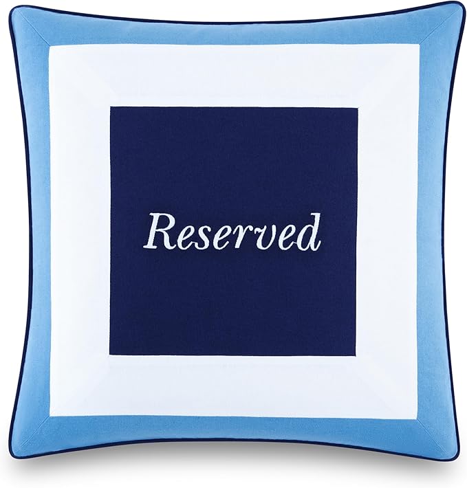 Kate Spade New York Saved You A Spot Reversible Decorative Pillow, 20" x 20" Throw Pillow for Bed or Sofa, Cotton and Linen Cover, Blue, 20 x 20