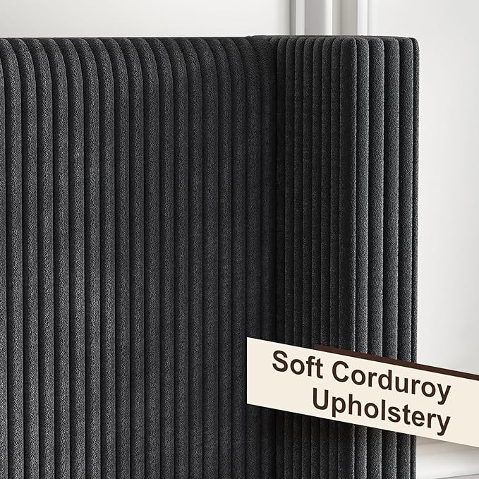 HOWE King Size Upholstered Bed Frame, Wingback Platform Bed with 50.8" Headboard, Corduroy/Solid Wood Leg/No Box Spring Needed/Noise Free/Black