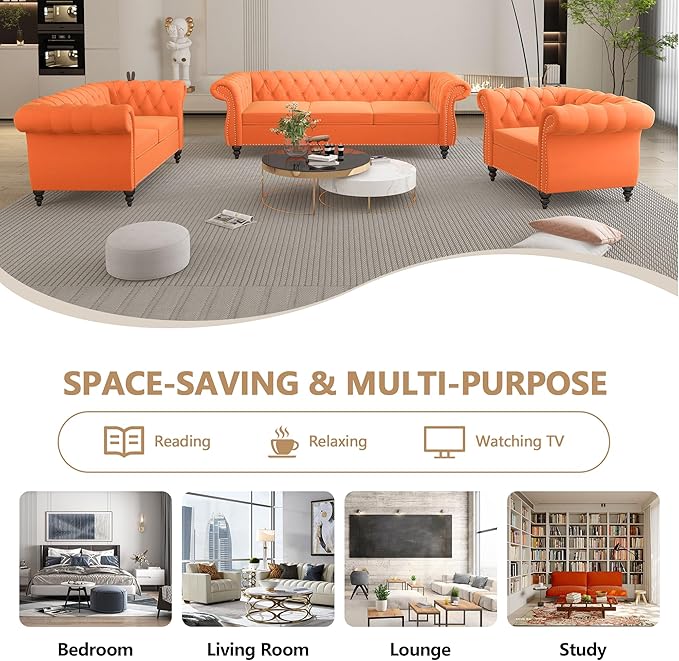 Accent Sofa Chair for Living Room, Mid Century Modern Velvet Upholstered Armchair, Oversized Comfy Single Couch Chair with Cushion, Tufted Chesterfield Sofa Couch for Home, Bedroom, Apartment (Orange)