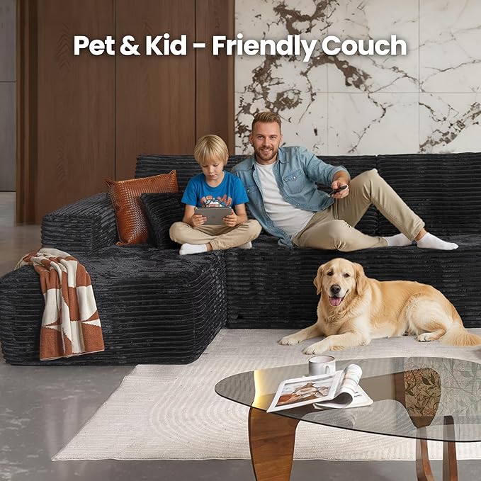 Cloud Sectional Couch with Chaise, Boneless U-Shaped Cloud Couch with Deep Seat, Soft Plush Modern Minimalist Sofa, Assembly Free Modular Floor Sofa for Office Living Room Apartment, Black