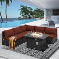 NICESOUL 6 Piece Modern Outdoor Conversation Set with Fireplace Natural Gas/Propane, 29.3'' High Back Deep Wide Seat Sofa Couches for Garden, Oversized Patio Sectionals, 2 Color Cushion Wine & Grey