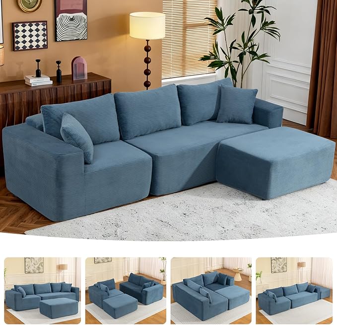 2025 New 108" Cloud Couch Sectional, Modular Sectional Sofa with L-Shaped Chaise, Deep Seat Sectional Modular Couch for Living Room, No Assembly Required (Blue, Chaise Ottoman)