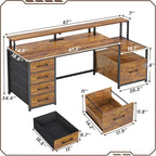 SEDETA Home Office Desk with File Drawer & Power Outlet, 66'' Computer Desk with 5 Drawer, Storage Shelves, Printer Cabinet and Monitor Shelf, Gaming Desk with Led Lights, Rustic Brown