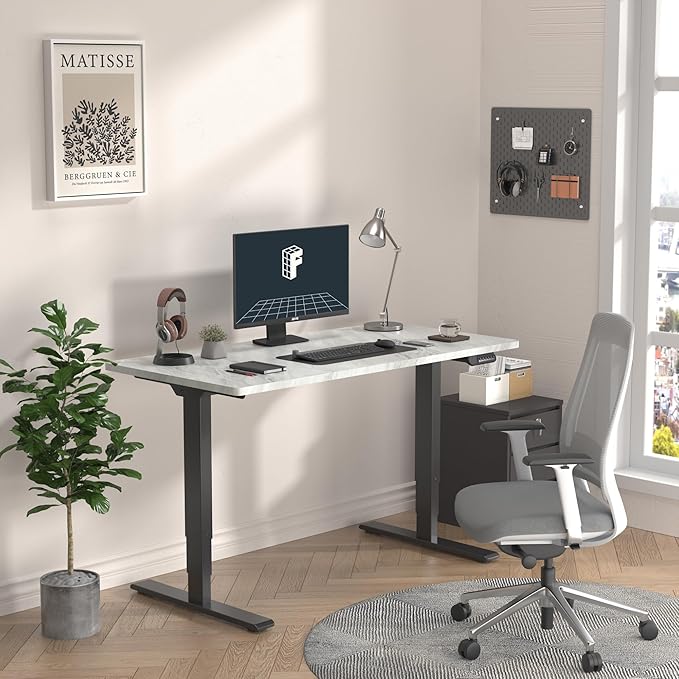 FLEXISPOT E6 3 Stages Dual Motor Electric Standing Desk 48x30 Inch Whole-Piece Board Height Adjustable Electric Sit Stand Desk(Black Frame + Marble Grey Desktop, 2 Packages)