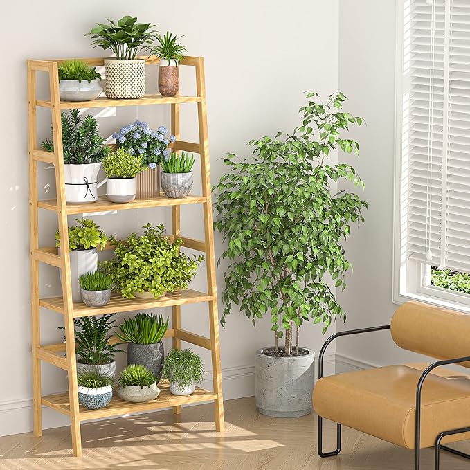 Homykic Bamboo Bookshelf 4-Tier Ladder Shelf, 49.2” Freestanding Open Bookcase Book Shelf Bathroom Storage Shelf Unit Plant Stand for Small Space, Bedroom, Living Room, Home Office, Natural
