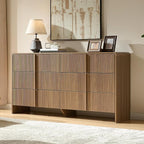 AMERLIFE 63" Fluted 6 Drawer Dresser, Wide Modern Chest of Storage Drawers with Pine Handles, Rounded Corners & Anti-Tip, Wood Drawer Organizer for Cloth, Bedroom, Living Room, Hallway, Dark Walnut