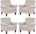 Prilinex Upholstered Living Room Chair Set of 4 - Large Comfy Fabric Accent Chair Single Sofa with Cushion, Rolled Armrest & Nailhead Trim, Mid Century Farmhouse Armchair for Bedroom, Office, Beige