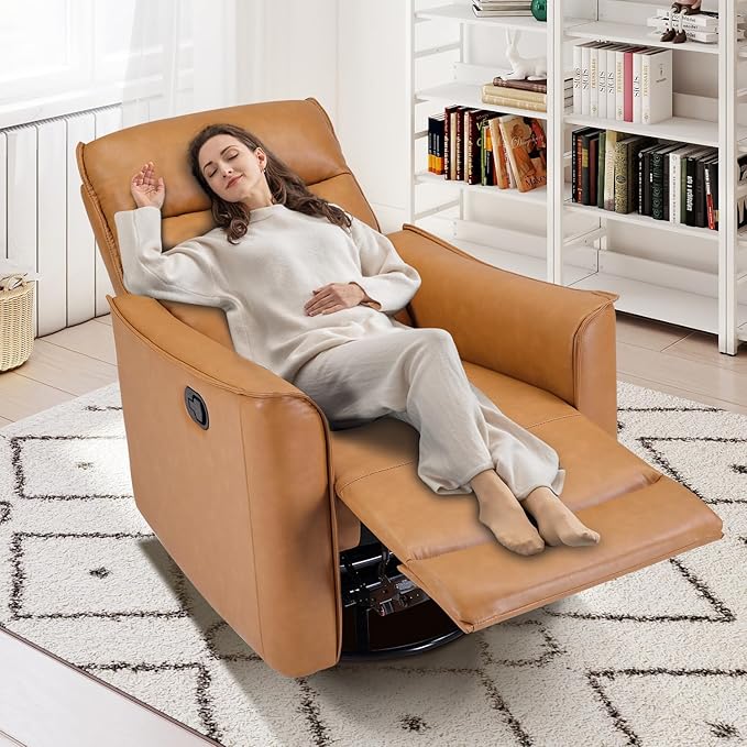 Swivel Rocker Recliner, Glider Rocking Chair, Nursing Chairs Swivel Glider Recliners with Soft Backrest, Leathaire Manual Reclining Sofa for Living Room Bedroom Apartment, Camel